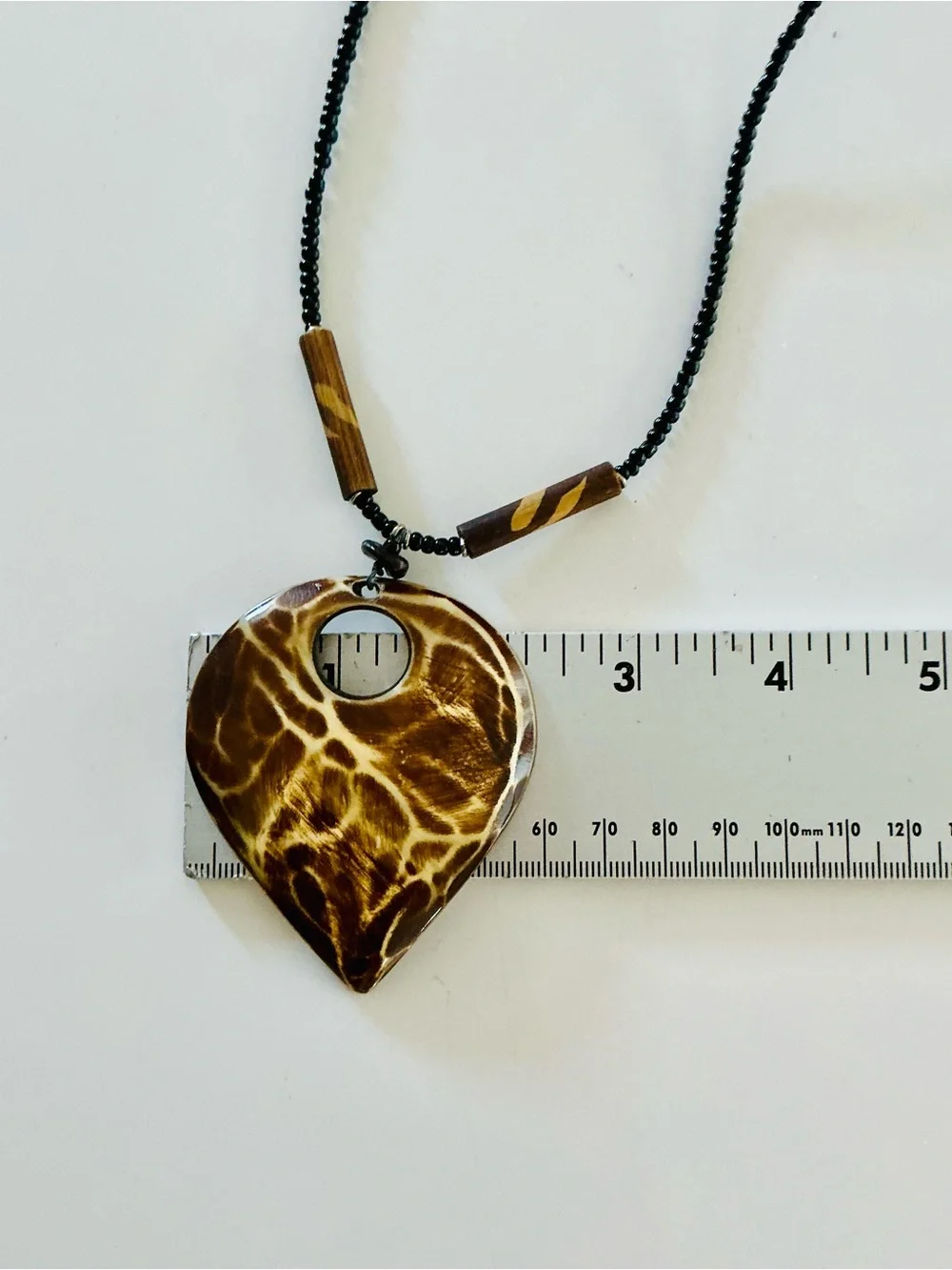 Handcrafted Brown Wooden Teardrop Pendant Necklace with Black Beaded Cord